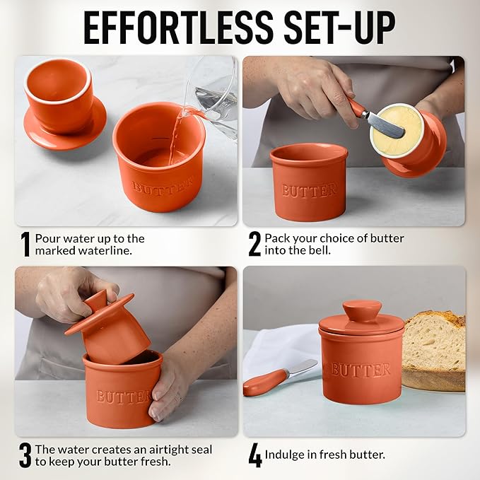Zulay Kitchen Bell Shaped Butter Crock with Lid for Countertop with Water Line & Spreader Knife, Ceramic French Butter Dish Keeper For Fresh, Soft & Spreadable Butter - Terracotta