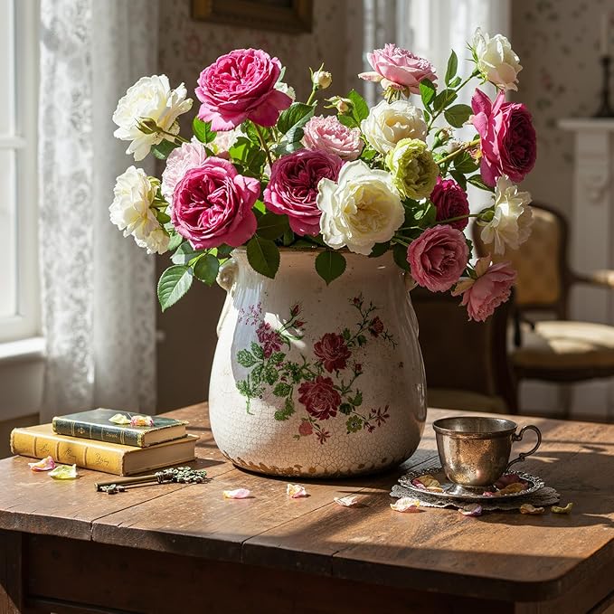 Ceramic Scroll Planter 6.5 Inch Chinoiserie Floral Vase with Drainage Holes Vintage Flower Vase Flower Pot Rustic Ceramic Pots for Indoor Plants Garden Home Bookshelf Decor (Pink Green)