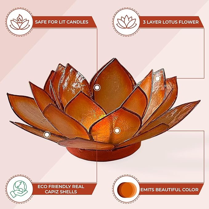 Om Gallery Capiz Shell Lotus Flower Decor Tealight Candle Holder for Serene Ambiance - Handmade Decorative Candle Holders for Meditation, Yoga, and Relaxation, Mango