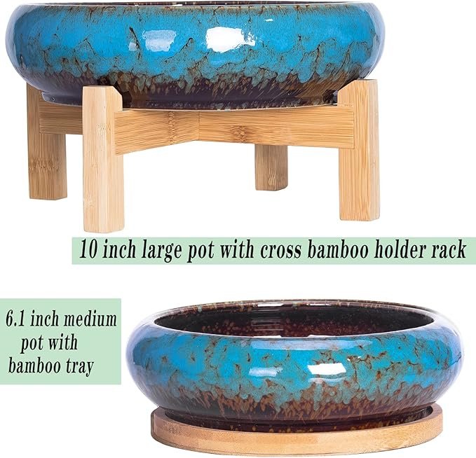 Succulent Pots - 7.3/10 Inch Large Plant Pot Set of 2, Ceramic Bonsai Pot with Drainage Tray Shallow Planters for Indoor Succulents Glazed Cactus Flower Plant Container