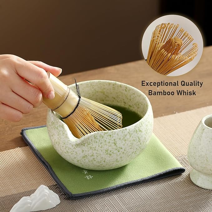 Matcha Whisk Set, Ceramic Matcha Bowl with Spout, Bamboo Whisk, Scoop, Holder, Sifter, Tea Towel, 7-Piece Artisan Wave Matcha Kit Set for Making Breakfast/Latte, Round Green, Large