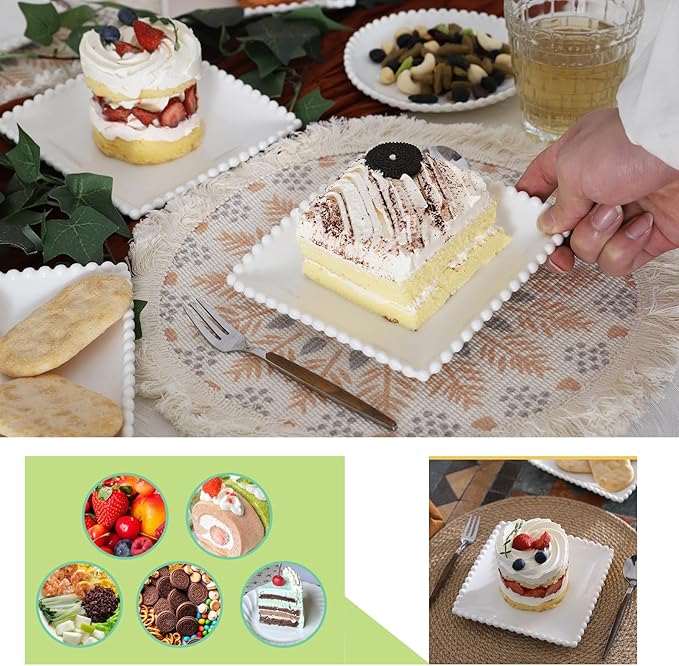 TAMAYKIM 6 Inch Porcelain Dessert Plates, Appetizer Plates, Square Shape Small Dinnerware Sets, Scratch Resistant, Microwave, Oven, and Dishwasher Safe, White with Pearl Dots, 12 Pieces
