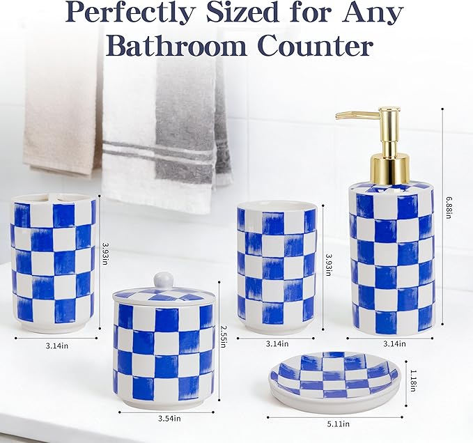 Ceramic Bathroom Soap Dispenser Set, Checkered Bathroom Vanity Set with Lotion Pump, Toothbrush Holder, Soap Dish & Storage Jar, Modern Bathroom Sink Accessories (Blue)