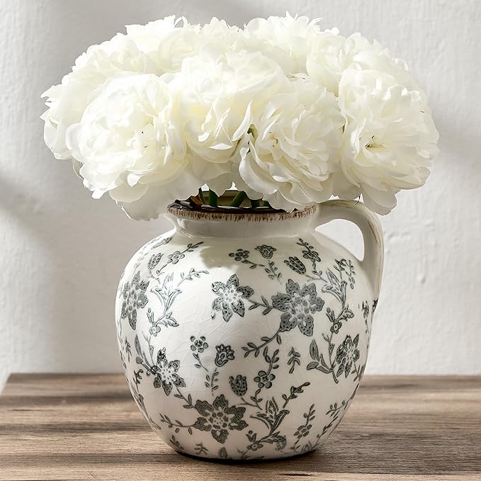 5.39 Inch Vintage Gray Chinoiserie Floral Vase, Antique Rustic Ceramic Vase for Home Decor, Living Room, Bookshelf, Office, Entryway, Garden, Chinoiserie Decor, Tuscan Decor