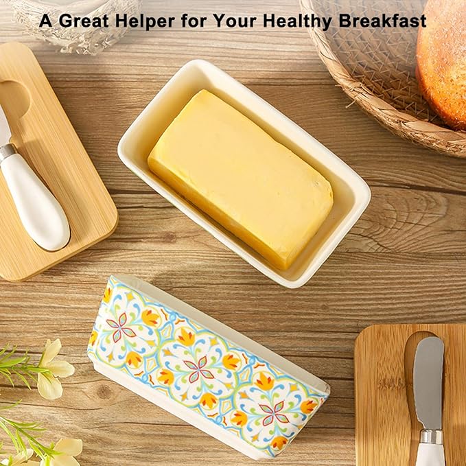 Butter Dish with Lid and Knife – 350ml Ceramic Butter Container with Bamboo Lid, Floral Cottage-Style Pattern, Airtight Butter Keeper for Countertop or Fridge, Farmhouse Kitchen Decor (Print-3)