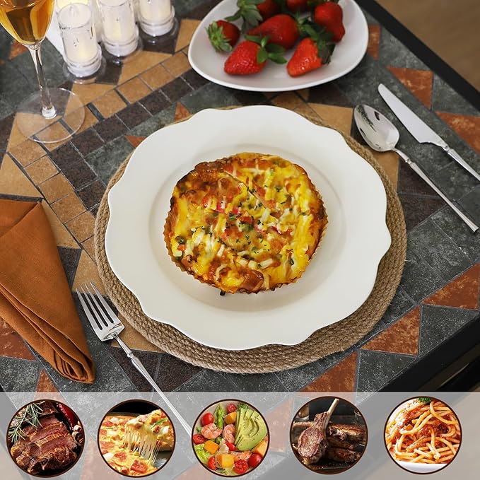 10.5 Inch Porcelain Large Dinner Plates Set of 8, White Leave Wave Rim Appetizer Salad Plates, Ceramic Dinnerware Serving Plate for Pancakes, Steak, Pasta, Pizza, Microwave, Dishwasher Safe