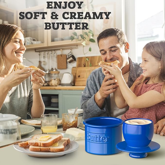Premium Butter Crock with Lid - Original Design French Butter Dish - Beautiful Ceramic Butter Keeper for Counter with Water Line - Perfect to Keep Butter Soft and Spreadable - Dark Blue