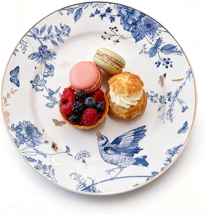 Porcelain Dinner Plates 4 Pieces, Floral Plates 8 Inch & 10 Inch Ceramic Dessert Plate Blue and White Floral Dinnerware Set Salad Plate Set for Kitchen Dishes for Appetizer, Salad, Steak, Pancakes
