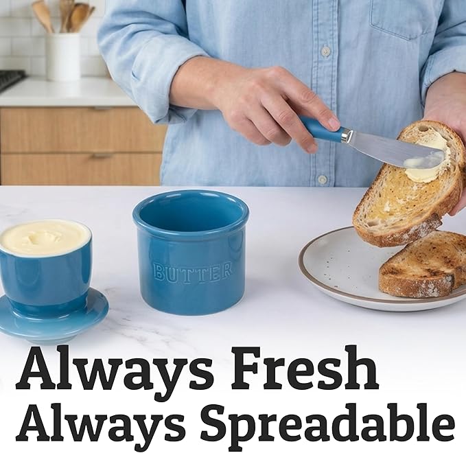 PriorityChef Butter Crock with Lid with Water Line,Ceramic French Butter Dish to Leave On Counter, Lapis Blue