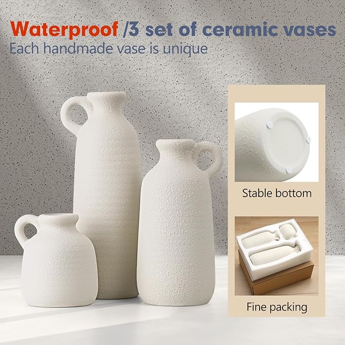 Ceramic Vase Set of 3 with Handle, White Modern Farmhouse Vases for Pampas Grass & Dried Flowers, Flower Vase for Table Living Room Home Decor