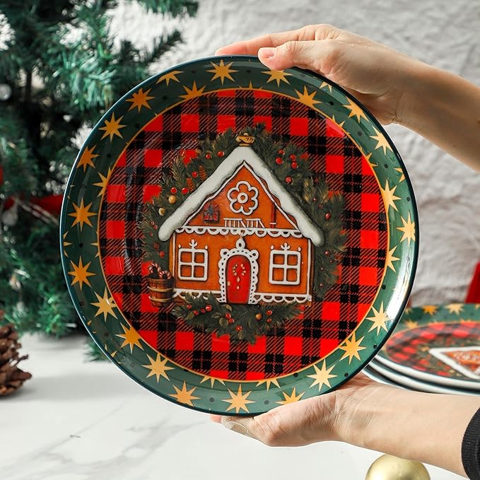 Ceramic Dinner Plates Set of 6,Stoneware 10 Inch,Microwave,Dishwasher and Oven Safe,Porcelain Dessert Plates for Steak,Dishes Set,Valentine's Day and New Year Gift,Christmas