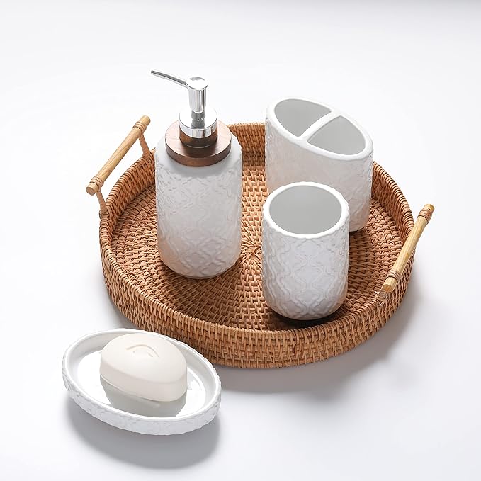 Elegant 4 PCS Ceramic&Wood Bathroom Accessories Set:Soap Dispenser,Toothbrush Holder,Tumbler,Soap Dish,Easy to Clean,Quatrefoil Pattern,White-Affordable Luxury for Home Decor Enthusiasts
