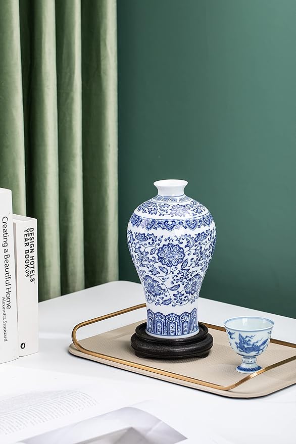 Blue and White Chinoiserie Ginger Jar Vase for Home Decor, Porcelain, 9" H