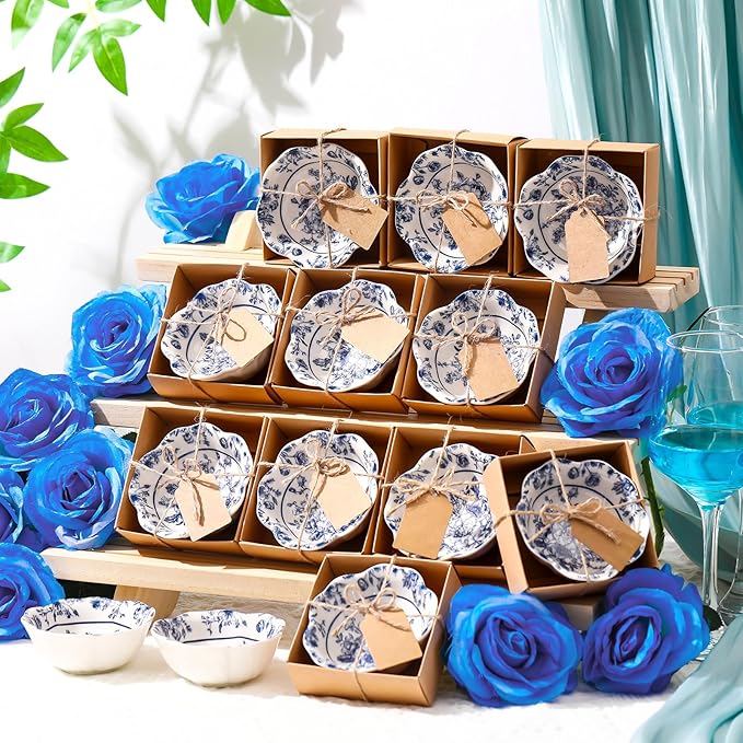 12 Pcs Wedding Favors for Guests Small Ceramic Bowl Bulk Gifts Set 3.3 Inch Floral Design Mini Dipping Sauce Dish with Card Box for Bridal Pooja Baby Shower Birthday Guest Gift (Blue)