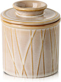 HVH Ceramic Butter Crock with Water Line, French Butter Dish with Lid for Countertop, Butter Keeper for Counter, Butter Holder for Soft Butter, Irregular Striped (Sand Color, 4x4)