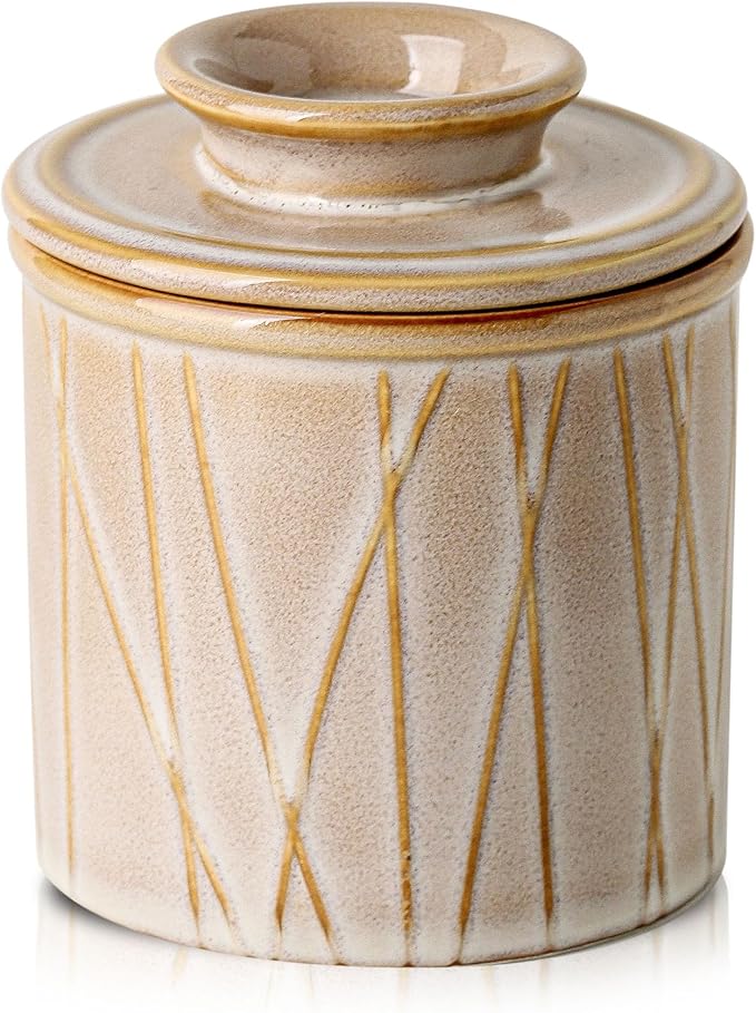 HVH Ceramic Butter Crock with Water Line, French Butter Dish with Lid for Countertop, Butter Keeper for Counter, Butter Holder for Soft Butter, Irregular Striped (Sand Color, 4x4)