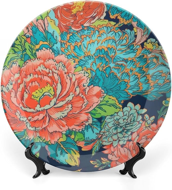 Ceramic Decorative Plate Chinoiserie Peony Floral Personalized Decor for Farmhouse Club Art Decoration Wall Ceramic Dinner Plate with Vertical Stand, Multi Sizes by Choosing, Gifts for Men Women