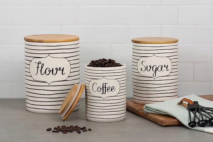 10 Strawberry Street Everyday Coffee, Sugar, Flour 3 Piece Canister Set, White/Black