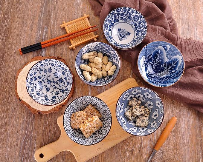 WHJY Blue and White Chinese Japanese Ceramic Rice Bowl 10 oz, Sakura Bowl Gift Set, Serving Bowls Dinnerware Bowls for Rice, Cereal, Noodle, Soup, Desserts, Set of 6