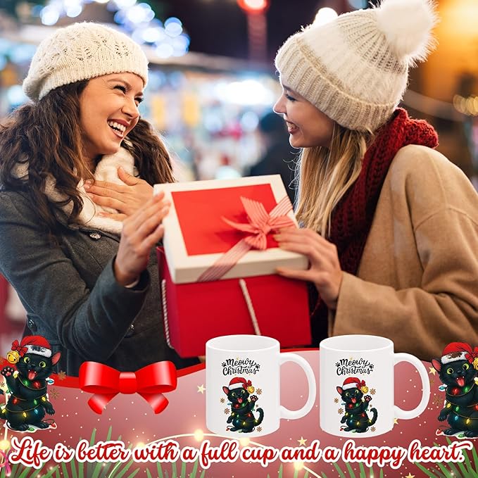 Sliner 2 Set Black Cat Gifts Coffee Mugs 11 oz Christmas Ceramic Coffee Cup Funny Cute Tea Cup Xmas Holiday Birthday Gifts for Men Women Cat Lovers