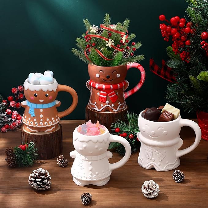 Zubebe 4 Sets Christmas Paint Your Own Mugs Craft Kit, Xmas Ceramic to Paint, Christmas Gingerbread Man DIY Mugs for Adults, Festive Coffee Tea Cup with Painting Set for Family Xmas Craft Office Gift