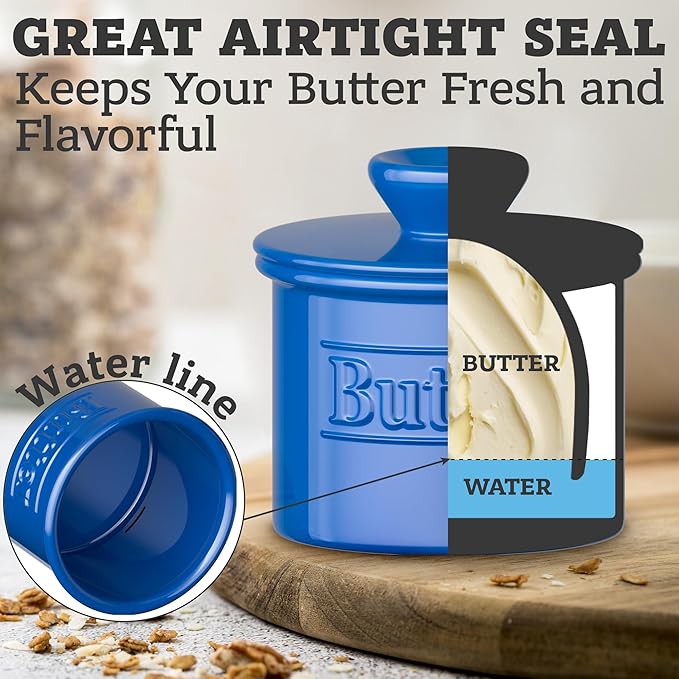 Premium Butter Crock with Lid - Original Design French Butter Dish - Beautiful Ceramic Butter Keeper for Counter with Water Line - Perfect to Keep Butter Soft and Spreadable - Dark Blue
