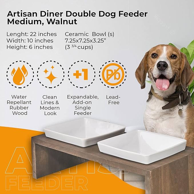 Bowsers Artisan Diner Double Dog Feeder - Handcrafted Rubberwood Frame with Square Ceramic Bowls Feeder for Dogs - Walnut, Medium, 22" x 10" x 6"