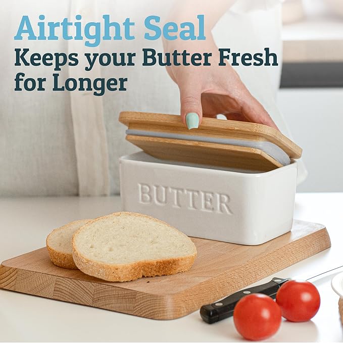 PriorityChef Extra Large Butter Dish with Lid for Countertop, Ceramic Butter Container With Airtight Cover, Butter Keeper for Counter or Fridge, Butter Holder Storage, White