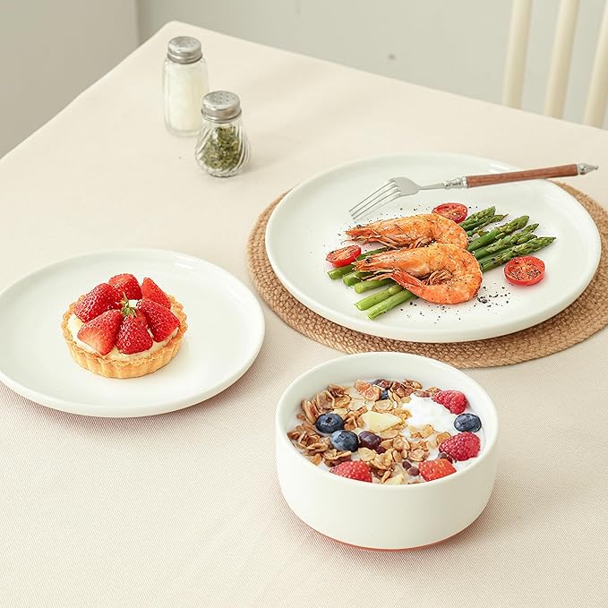 12 Piece Dinnerware Set, Dual Glaze Stoneware Plates and Bowls Sets, Modern Dinner Plate, Salad Plate, Cereal Bowl, Dish Set for 4, Microwave and Dishwasher Safe, Stardust Glaze White