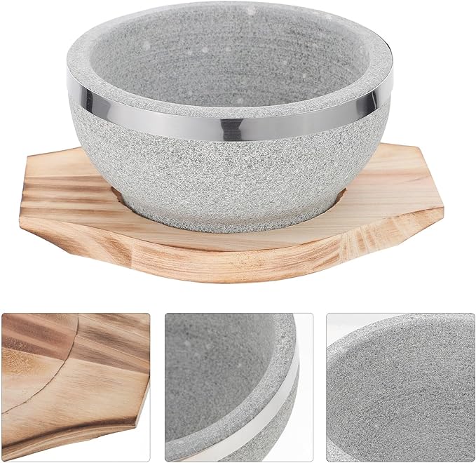 Stone Bowl with Wood Base 14cm Korean Stone Pot for Bibimbap Soup Rice Serving Traditional Asian Soup Bowl for Home Kitchen