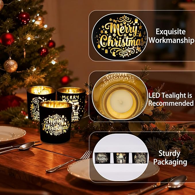 Rancco Votive Candle Holders, Christmas Black and Gold Glass Tea Light Candle Holder Set of 3, Vintage Candlesticks for Christmas Table Centerpieces, Birthday, Party, Home Tea Party Decor
