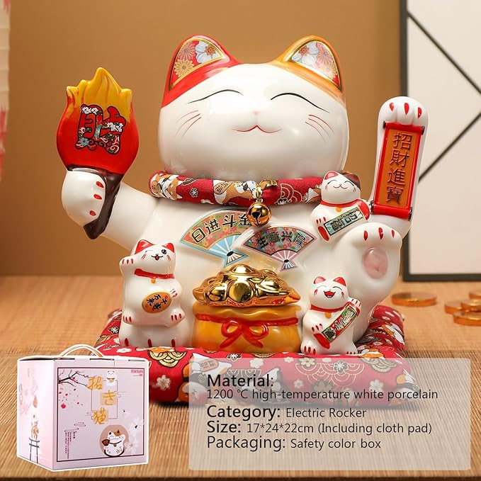 Chinese Ceramic Lucky Cat - Japanese Cat Waving Arm, Lucky Statue Cat Fortune Cat with Moving Arm, Good Luck Statue for Home, Office, and Store Decor