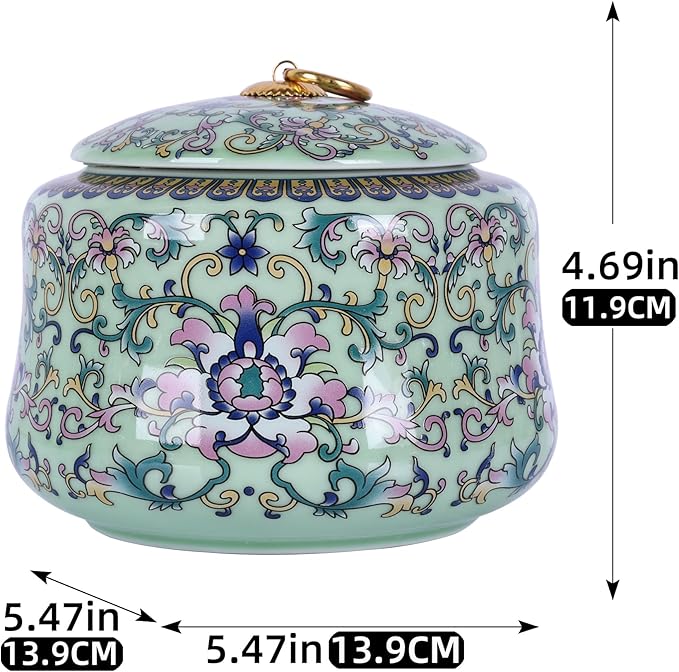 Handmade Chinoiserie Enamel Ginger Jar with Lid,Decorative Storage Jar for Loose Tea,Nuts & Snacks,Ceramic Vase Style Home Decor Canister,Colorful Jar for Kitchen,Living Room (Green Jar)