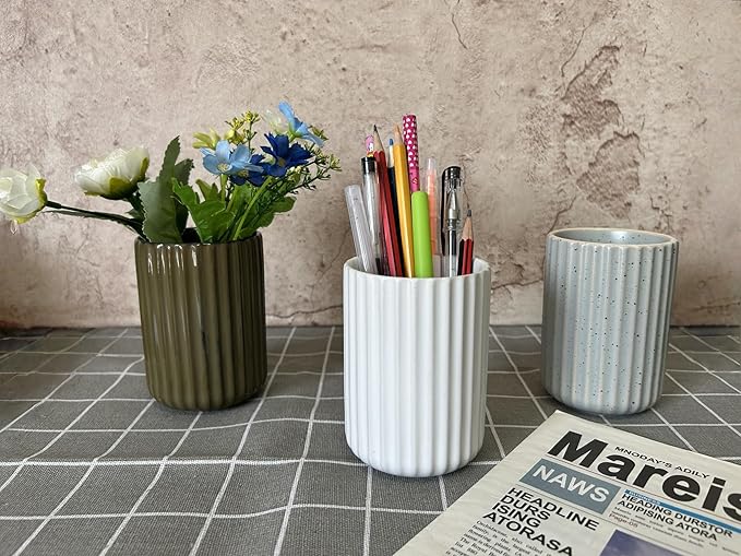 Stoneware Coffee Bar Utensil Holder Tea & Coffee Spoon & Stirrer Holder for Stir Stick Straw Teaspoon Holder Spoon Cup Small Utensil Jar Fluted Vertical Stripe (Pure White)