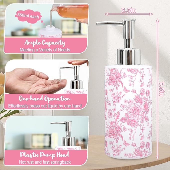 JarThenaAMCS Pink Floral Soap Dispenser Glass Dispenser with Pump Refillable Vintage Chinoiserie Flower Butterfly Liquid Soap Container for Kitchen Bathroom Countertop Decor