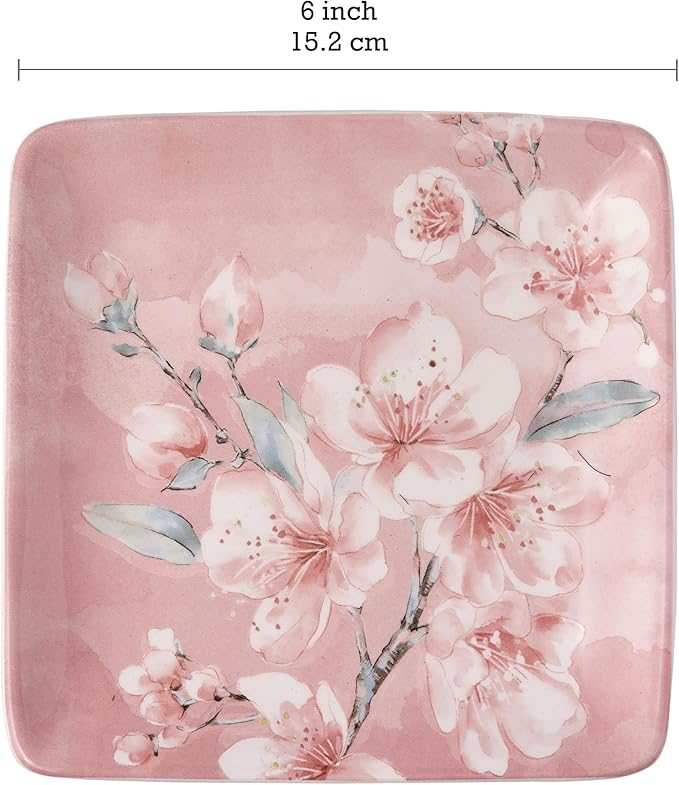 Bico Spring Sakura 6 inch Ceramic Square Appetizer Plates Set, Set of 4, Microwave & Dishwasher Safe, for Salad, Tapas