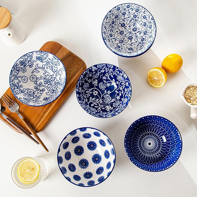 Ceramic Soup Bowls Set - 24 Oz Porcelain Deep Cereal Bowl - 6 Inch Large Dinner Bowl Kitchen Eating Pasta Salad Rice Oatmeal Noodle Snack - Microwave Dishwasher Safe - Set of 6 - Vintage Blue