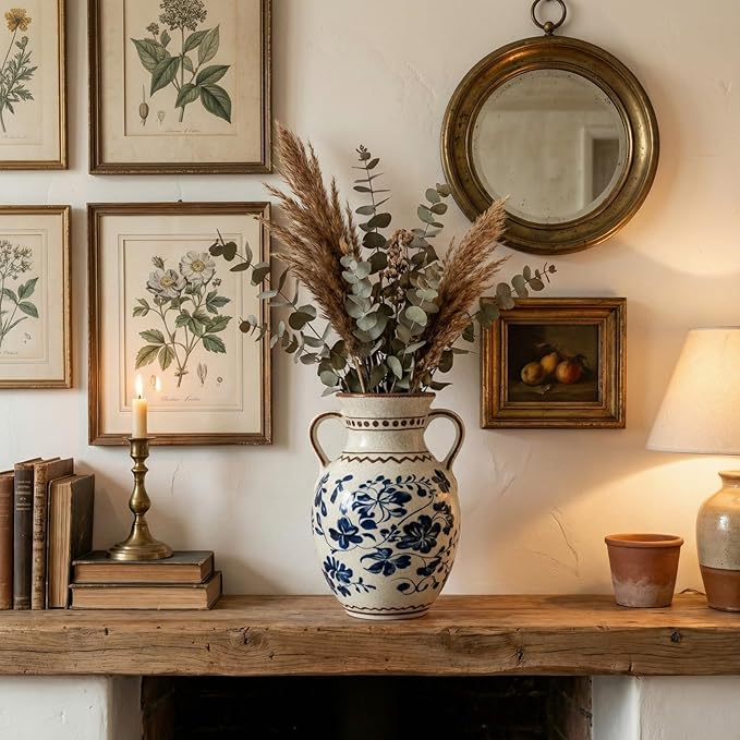 EFISPSS Ceramic Vintage Vase,Spring Decor Unique Chinese Crackle Floral Handle for Dining Room Mantle Living Room,Blue 8.4In
