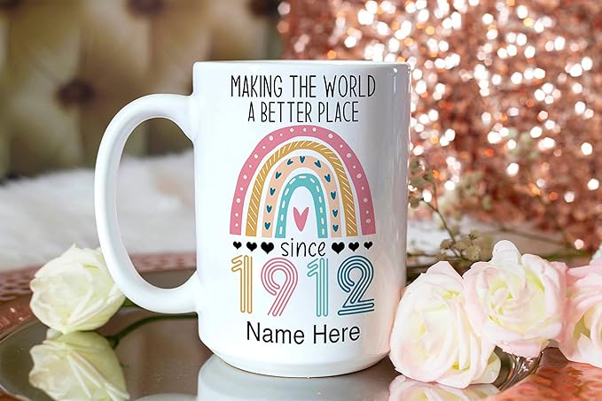 PREZZY Vintage 111th Birthday Mug Gifts for Women Men Making the World a Better Place Since 1912 Boho Rainbow Turning 111 Years Old Birthday Decorations Personalized Mugs Novelty Coffee Cup 11oz 15oz