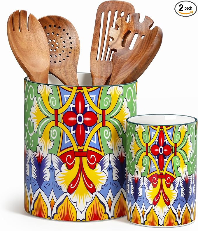 vancasso SIMI Utensil Holder, 7.3"+5.5" Porcelain Kitchen Utensil Holder for Countertop, Bohemian Kitchen Utensil Organizer for Spatulas, Spoons, Ladles, Decorative Counter Utensil Crock, Golden Bloom