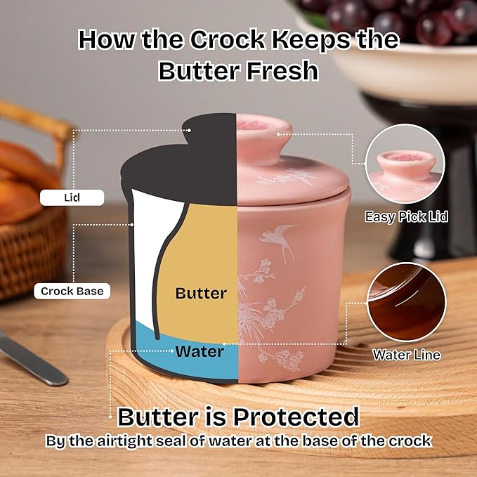 Stoneware Butter Crock with Lid, Ceramic Butter Dish with Water Line, Countertop Butter Keeper, Butter Holder for Countertop, Pink
