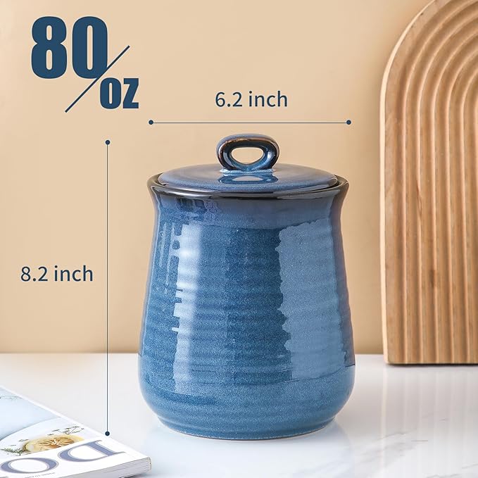 glowworm 80 Oz Large Food Storage Jar, Ceramic Coffee Canister with Airtight Lid, Cookies Containers for Candy, Flours, Rice, Pet Food, Blue