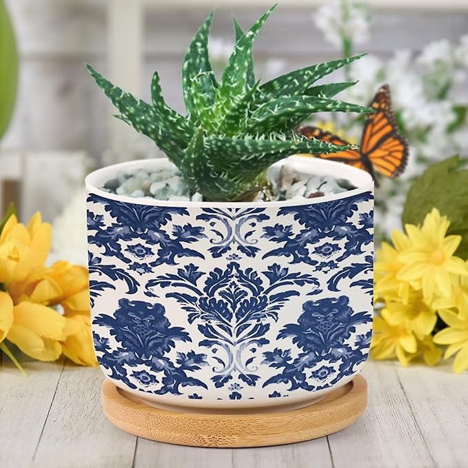 Blue Regalia Lion Ceramic Planters Chinoiserie Geometric Print Flower Pots for Indoor Plants with Drainage Holes and Saucers Pot for Outdoor Garden Home Plant