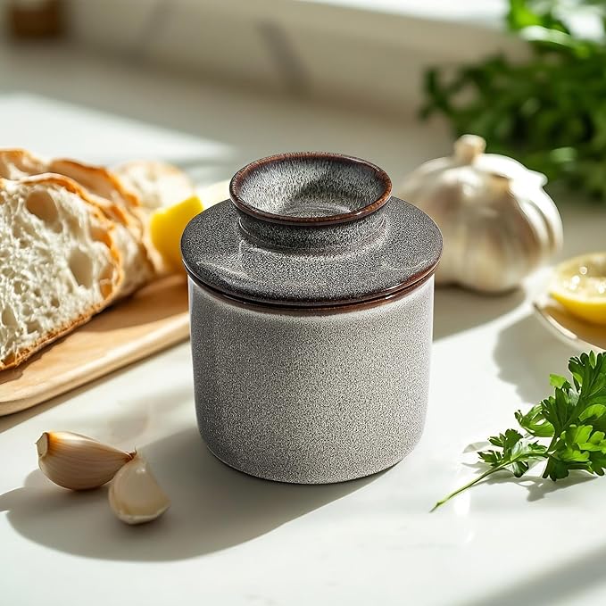 Light Grey French Butter Dish,Handmade Reactive Glaze Ceramic Butter Crock with Water Line for Speradable Fresh Butter