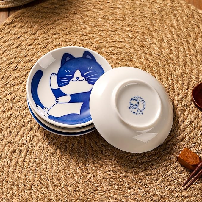 VanEnjoy Small Cute Ceramic Dishware Sets, Kawaii Cat Plates, Blue Shushi Plate Set Of 4, Japanese Plates, Dessert Plates Ceramic