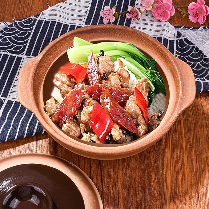 Casserole with Lid - Chinese, Japanese, Korean Stoneware Clay Pot - Ceramic Earthenware Stewpot for Family Restaurants