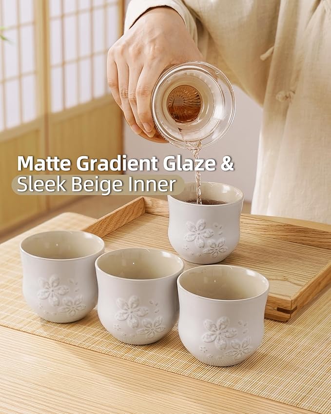 ZENS Japanese Tea Cups Set of 4 – 210ML Embossed Porcelain Japan Tea Cups, Handleless, Traditional Japanese Style for Gongfu Tea, Matcha – Off White