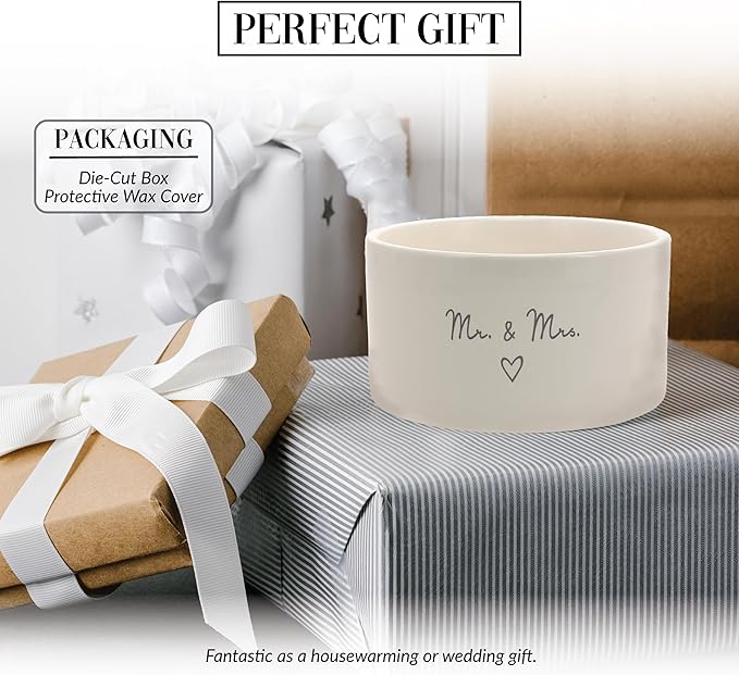 Pavilion Gift Company - Mr & Mrs - 10 oz Soy Wax Ceramic Vessel Candle Housewarming Apartment-Warming Engagement Groom Bride Newlywed Husband Wife Wedding Day Gift Present Neutral Home Decor
