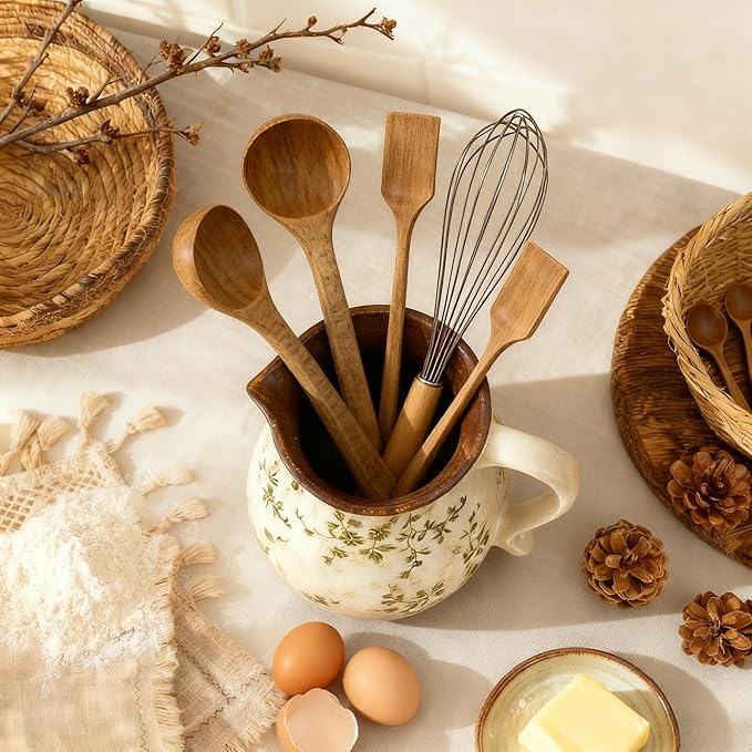 Rustic Ceramic Utensil Holder, 6.1"Modern Farmhouse Cooking Utensil Holder for Kitchen Counter with Handle, Kitchen Utensil Organizer Crock for Countertop Home Decor, Vintage Spoon Tool Tray(white)