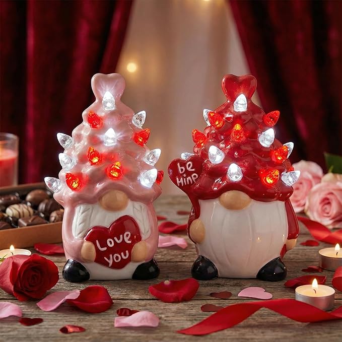 Valentines Day Decorations Pink&Red Lighted Up Ceramic Gnome Tree, Gnomes Figurines for Table Centerpieces Home Decor Indoor Outdoor Party, Valentines Day Gifs Home Decor for Couples Anniversary